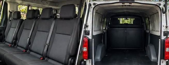 Intérieur d'un Citroën Jumpy : banquette 6 places et espace de chargement
